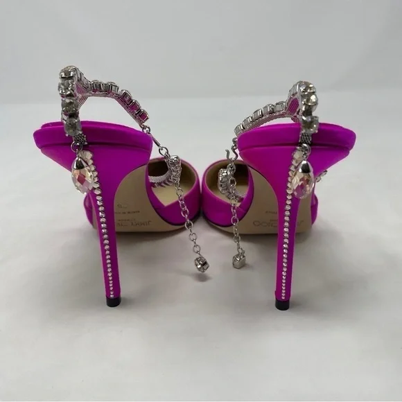 Jimmy Choo Saeda‎ 100mm Ankle Strap Pumps in Fuschia Satin with Crystal Chain - Picture 8 of 16